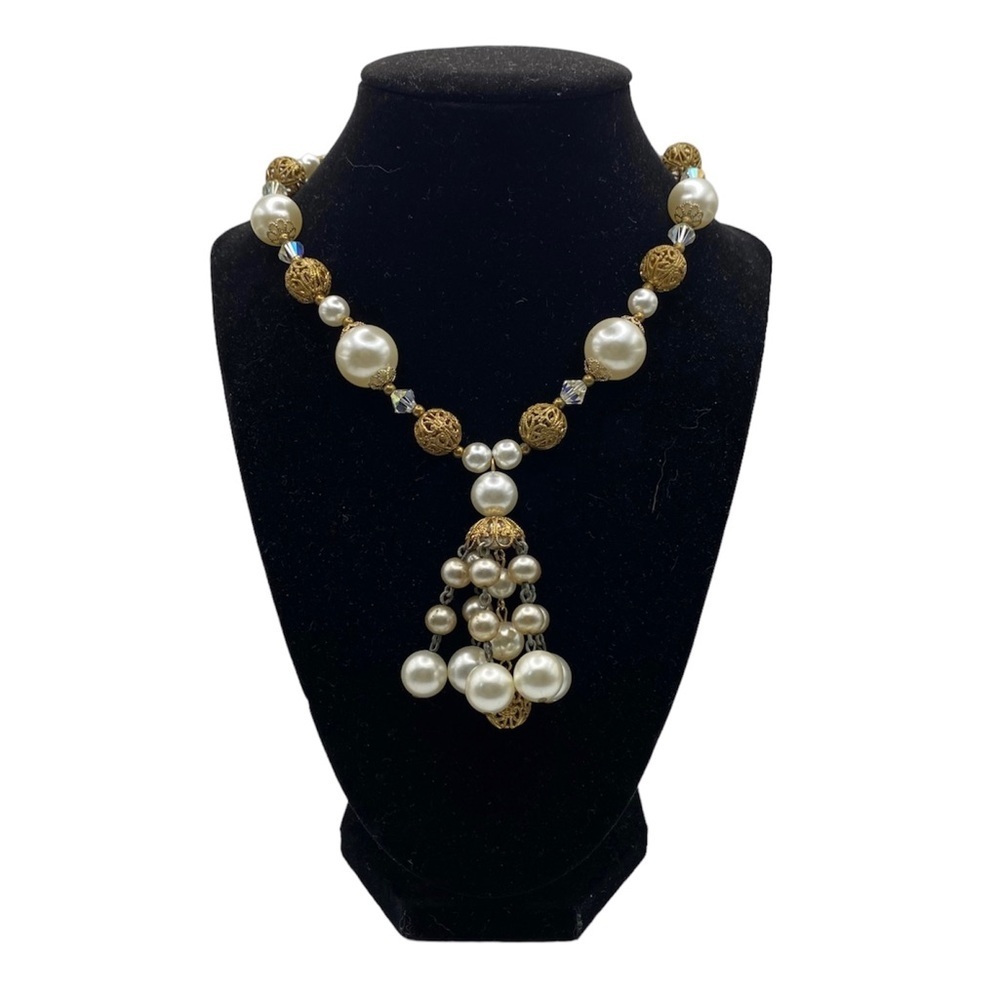 Vintage 1970s AB Crystal Beads, Gold Filigree And Faux Pearls Tassel Necklace